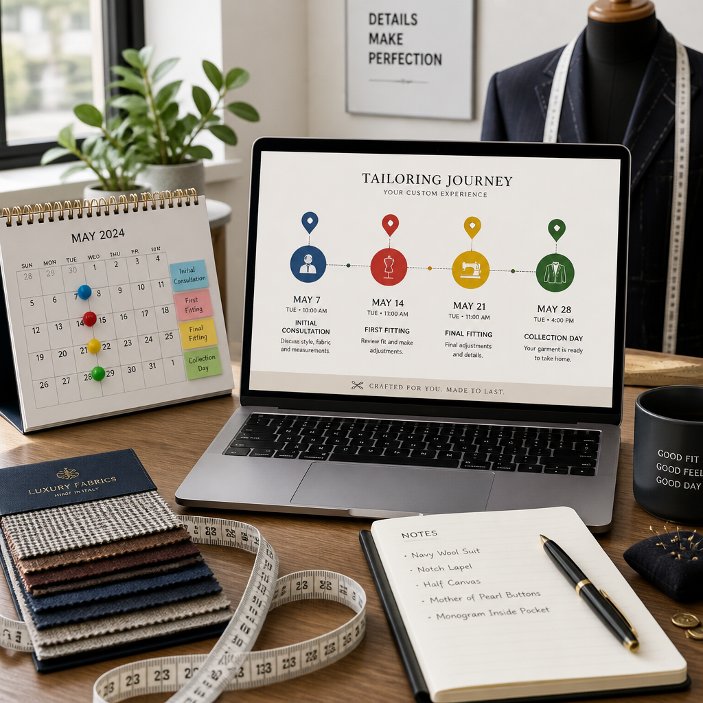 Groom suit alteration timeline calendar and planning documents on workspace