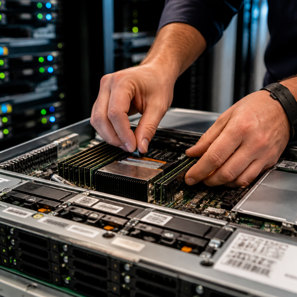 IT technician working on server hardware in a professional office environment