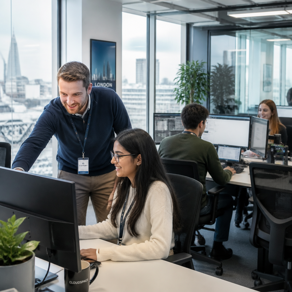 Professional onsite IT support technician assisting staff in a modern London office