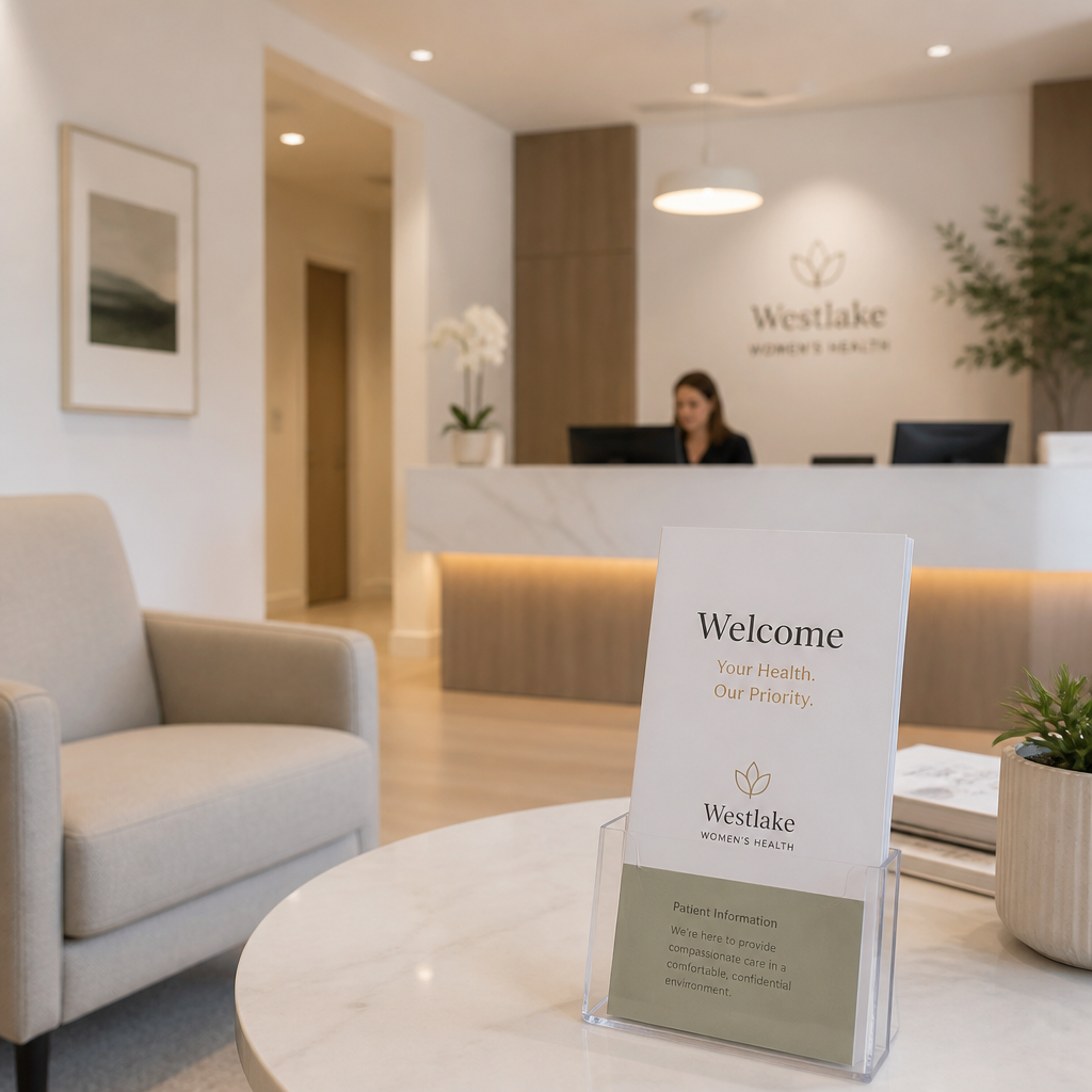 Professional clinic reception area with welcoming, modern aesthetic