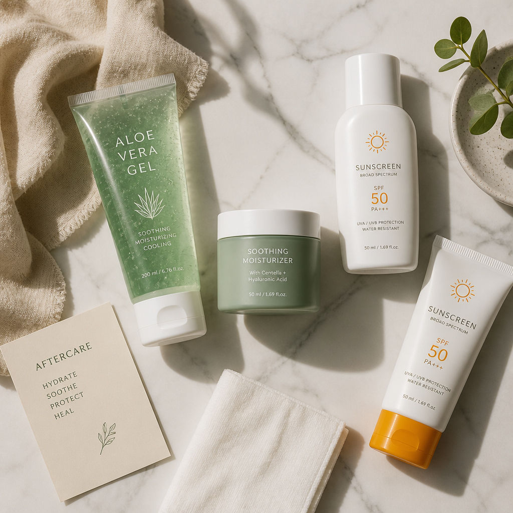 Skincare and aftercare products displayed on marble surface
