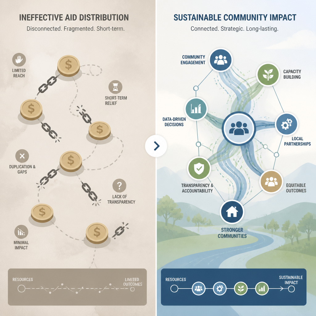 Abstract visual comparison of ineffective versus sustainable aid models