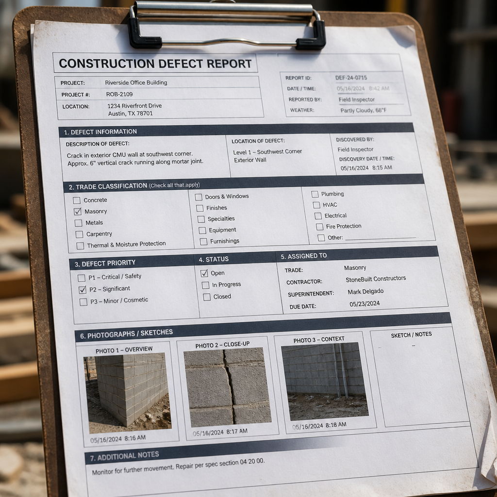 Structured building defect report document with organized trade allocation sections and checkbox fields.