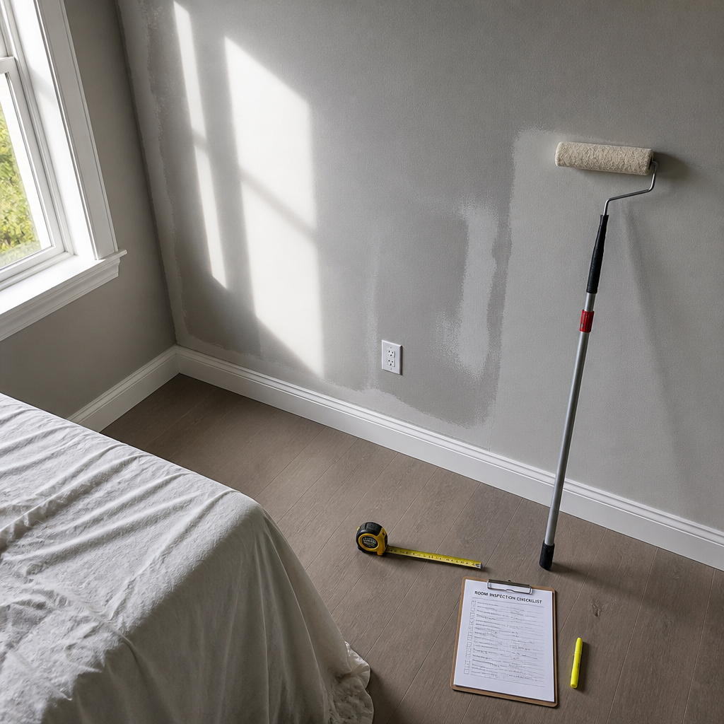 Bedroom wall inspection setup showing paint quality assessment with tools and documentation.
