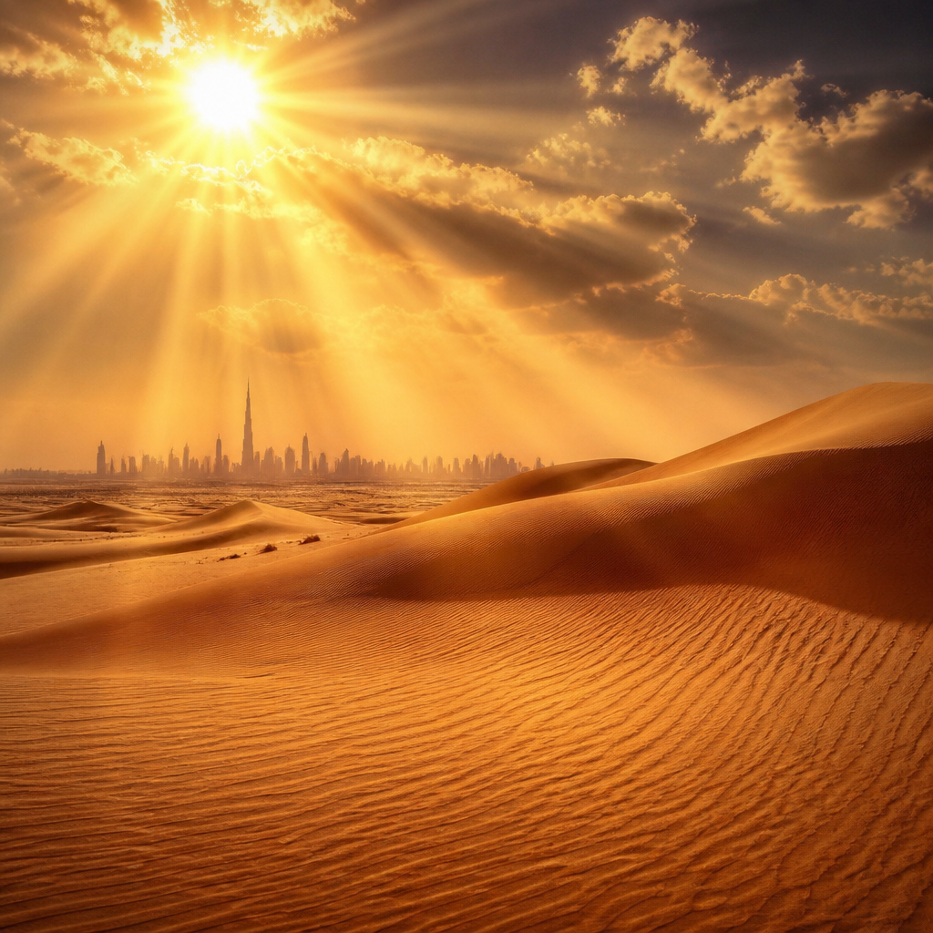 Desert landscape with intense UV rays illuminating sand dunes under bright daylight