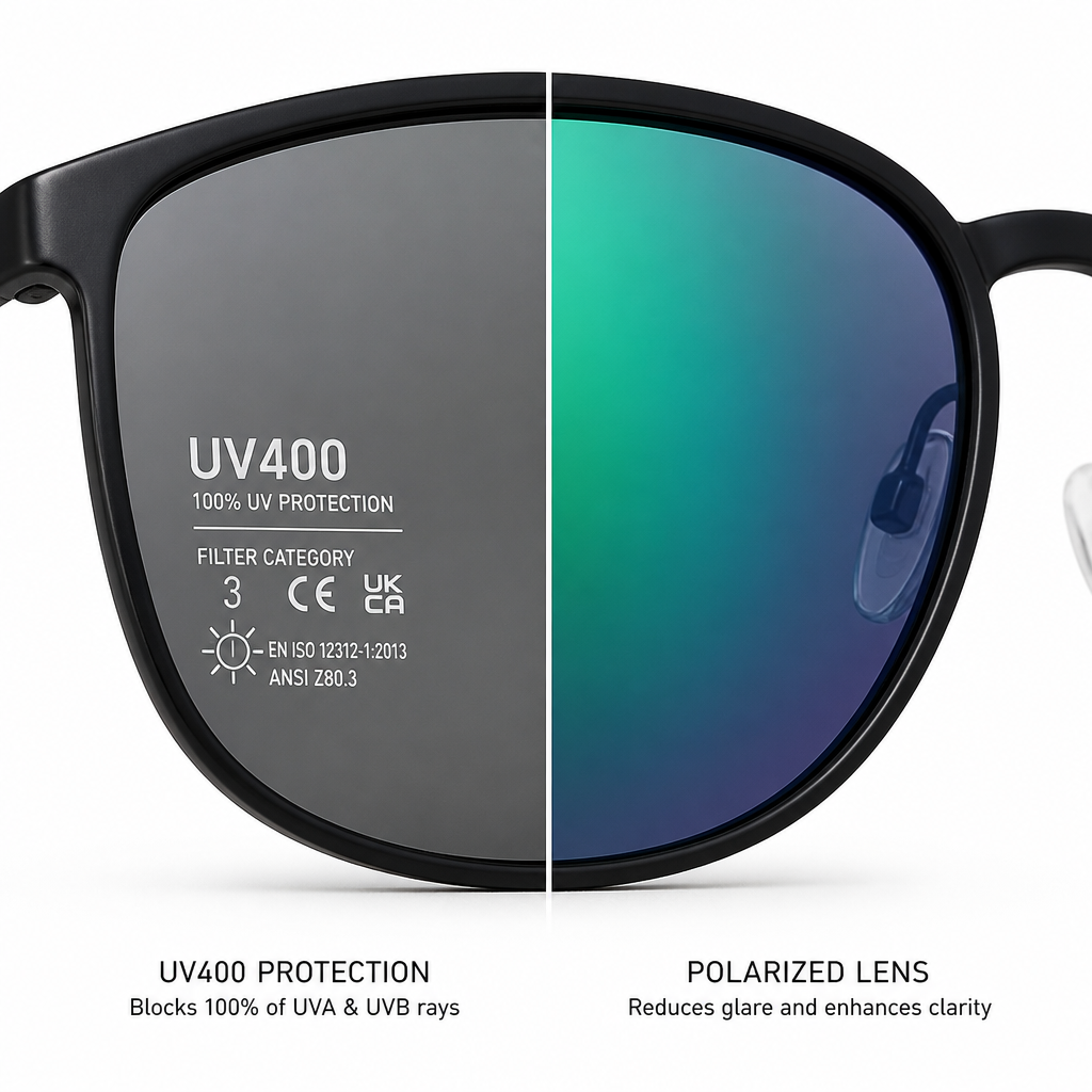Detailed macro view of sunglasses lens highlighting UV400 and polarization features
