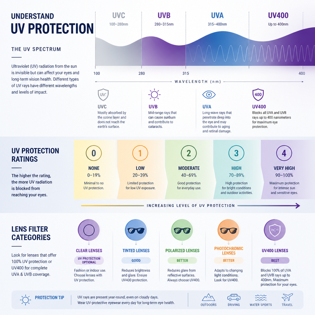 Abstract infographic displaying UV protection ratings and lens filter category information