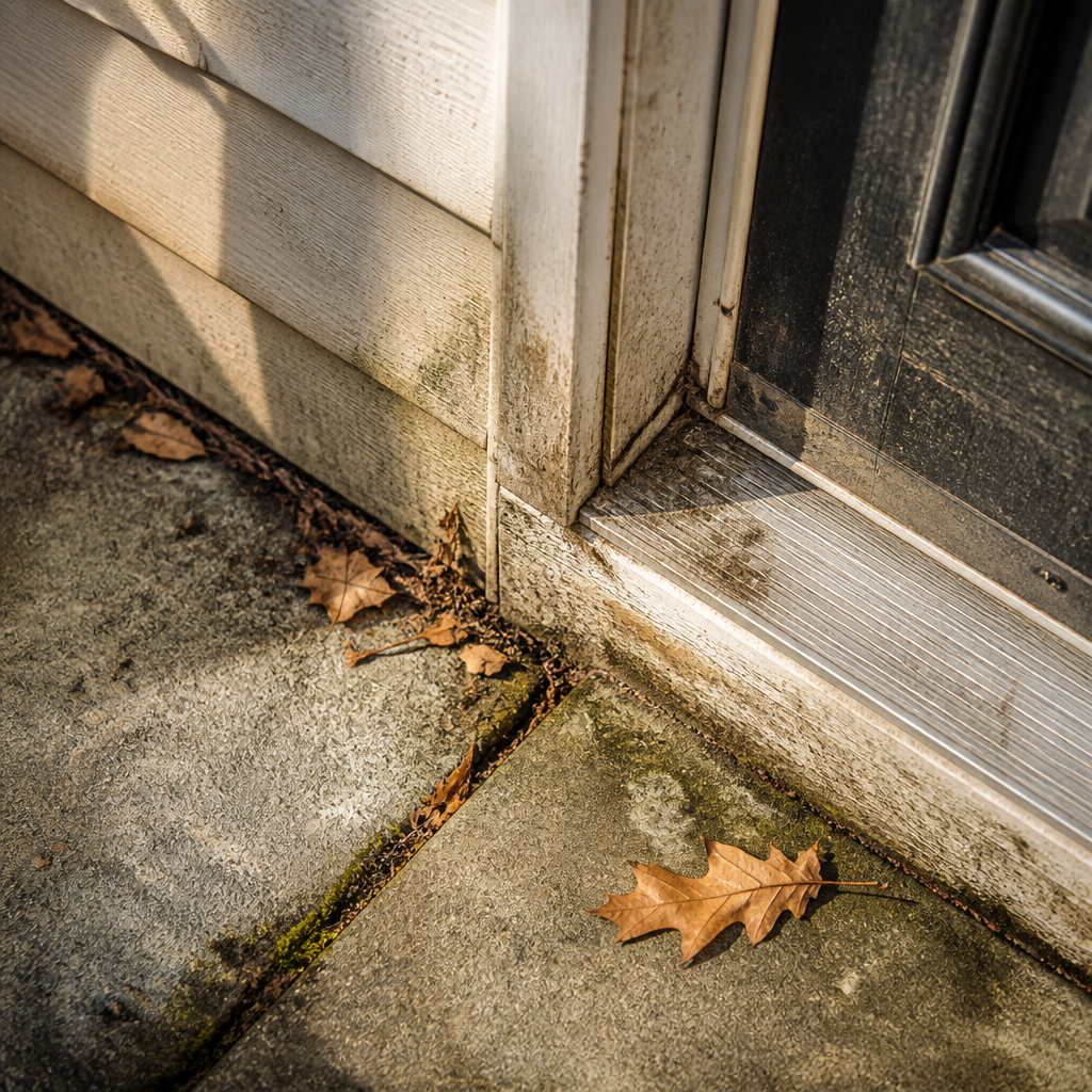 Close-up of home siding and entryway threshold with accumulated fall grime in autumn light