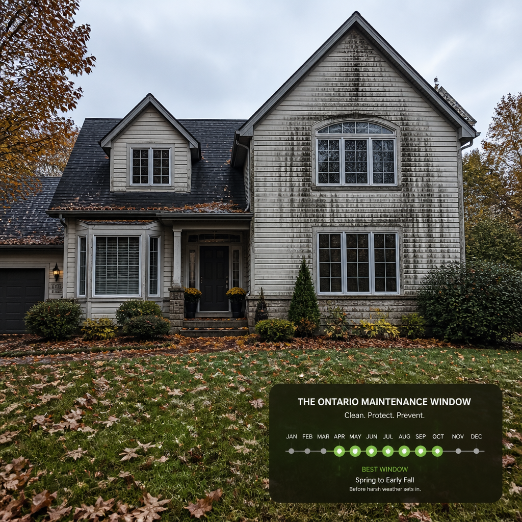 Ontario home exterior showing weathered siding and autumn debris accumulation before winter season