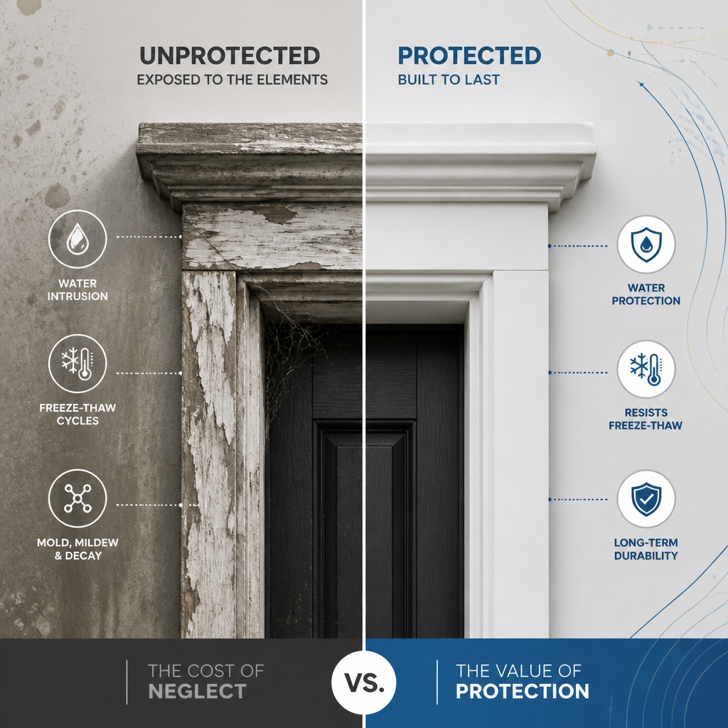 Split-screen comparison of weathered vs. protected home exterior details with preventative maintenance visualization