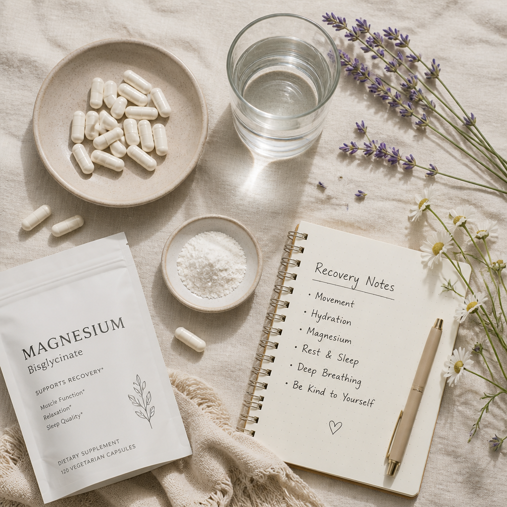 Magnesium supplements with recovery tracking notebook and calming botanicals on neutral linen