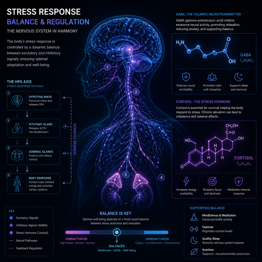 Abstract visualization of nervous system pathways showing cortisol and GABA neurotransmitter balance