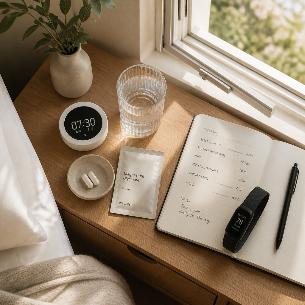 Bedside recovery setup with magnesium supplement, journal, and morning light through window