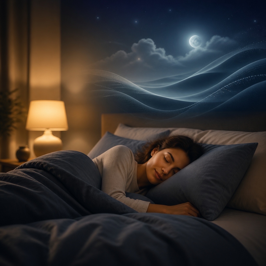 Person sleeping peacefully in a dimly lit bedroom environment