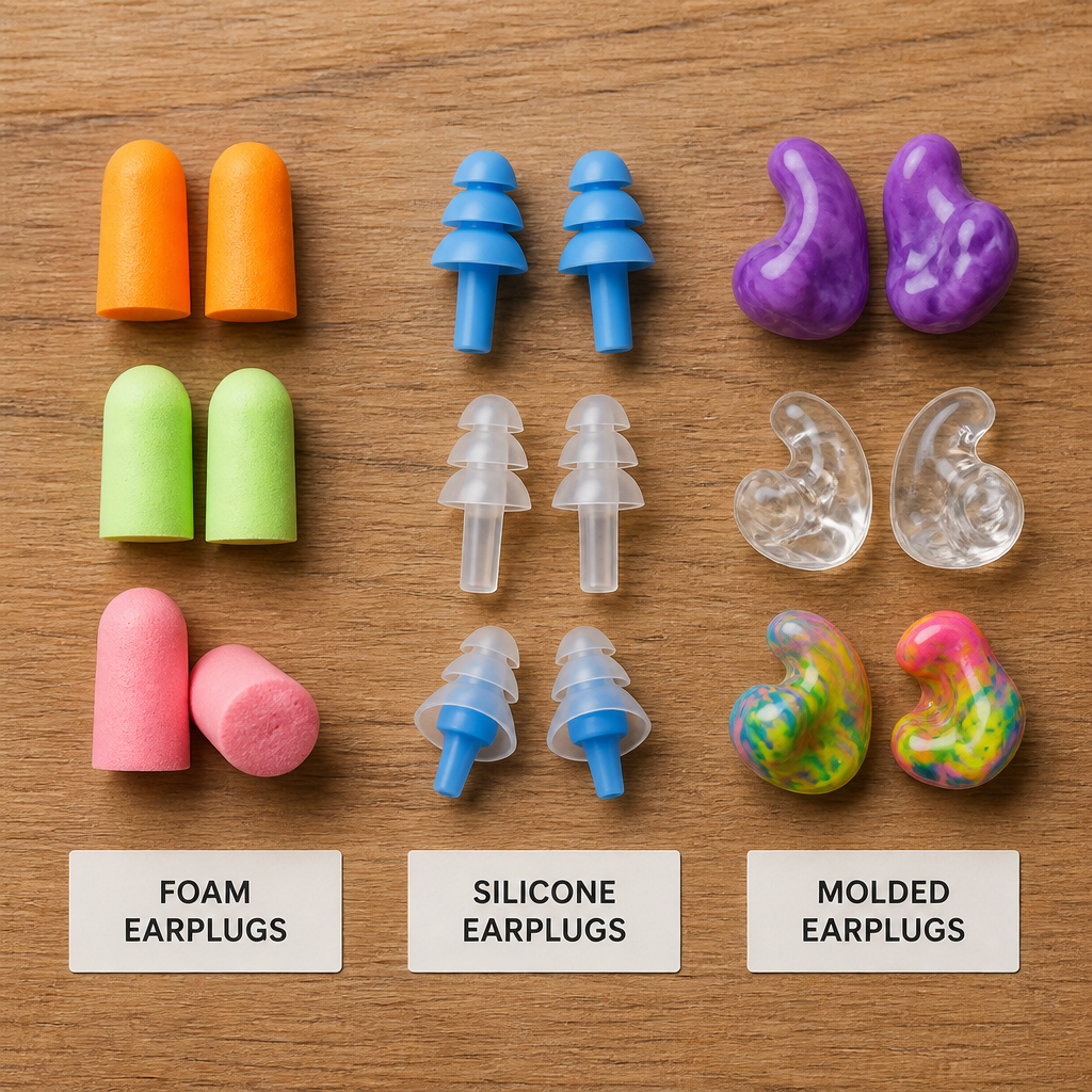 Array of different earplug types and materials arranged for comparison
