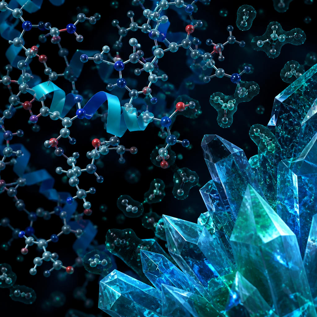 Abstract molecular structure visualization representing peptide reconstitution chemistry