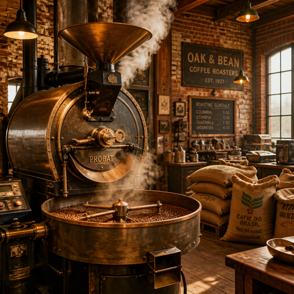 Industrial roasting drum inside a heritage coffee roastery with green bean sacks and warm lighting