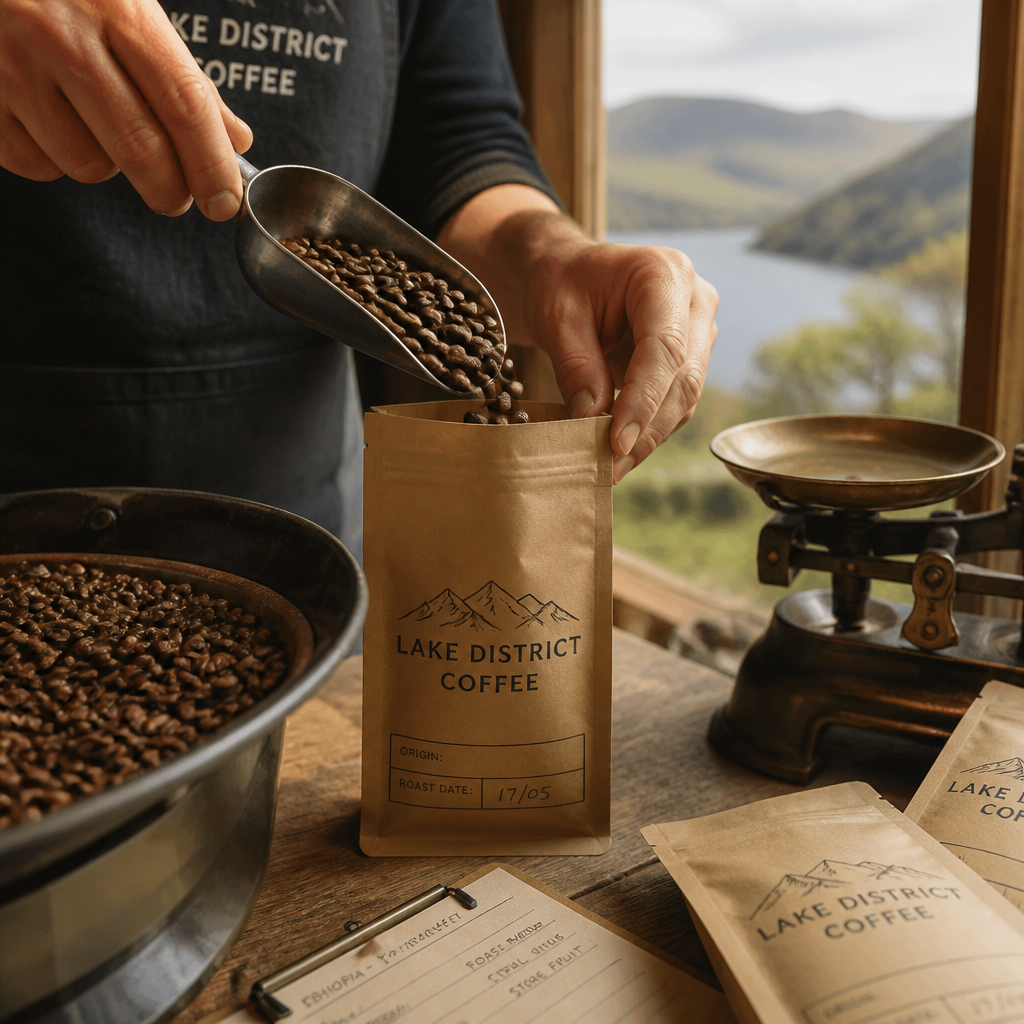 Hands hand-packing roasted coffee beans into kraft paper bags with natural light