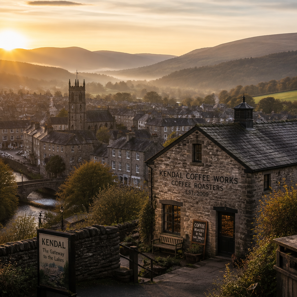 Kendal town and surrounding Lake District landscape with heritage roastery building at golden hour