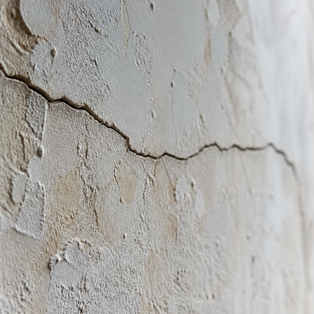 Gros plan d'une fissure fine sur une surface de mur en plâtre texturé
