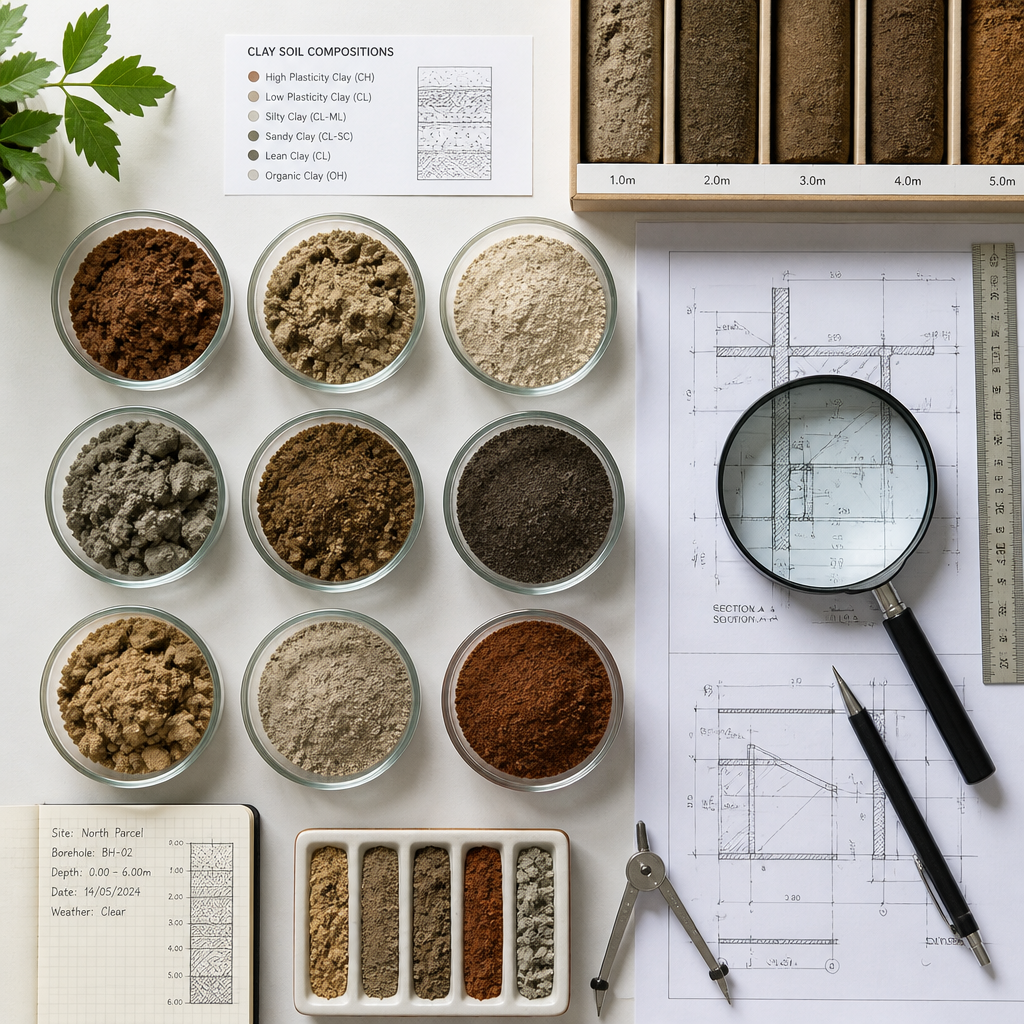 Composition analytique montrant des échantillons de sol argileux et outils de diagnostic