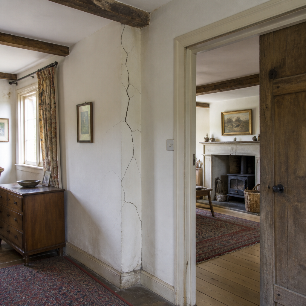 Vue intérieure d'une maison ancienne avec motifs de fissures structurelles visibles sur les murs