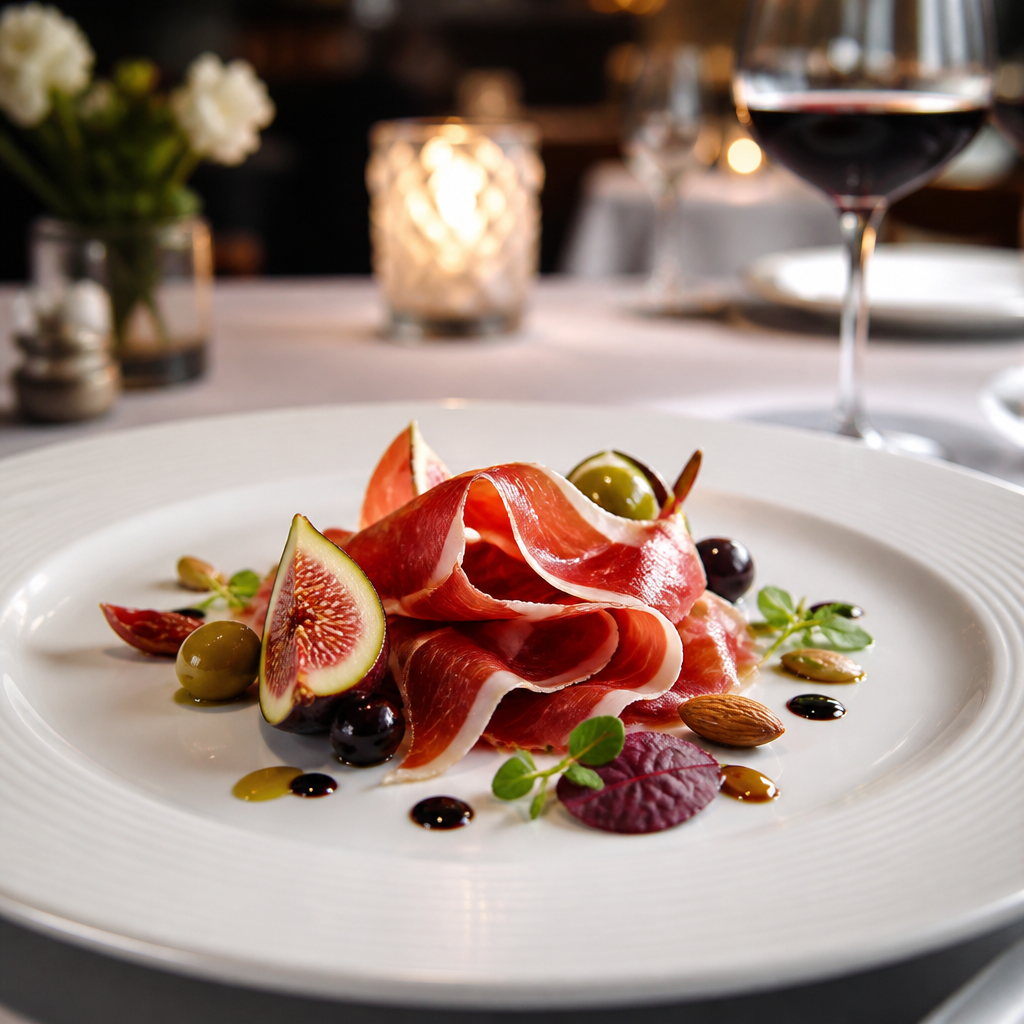 Plated Iberian ham appetizer on fine dining tableware with gourmet accompaniments