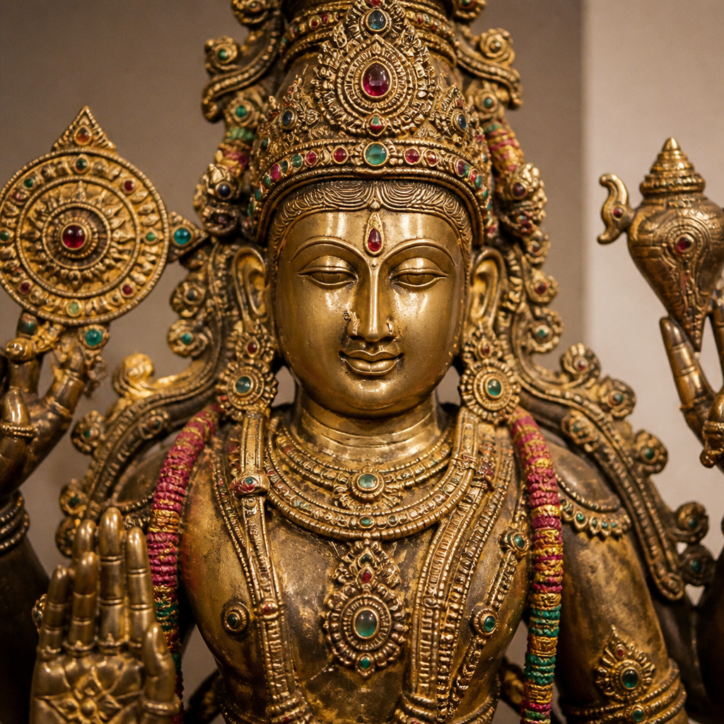 Detailed close-up of carved Hindu statue showing iconographic attributes and metalwork