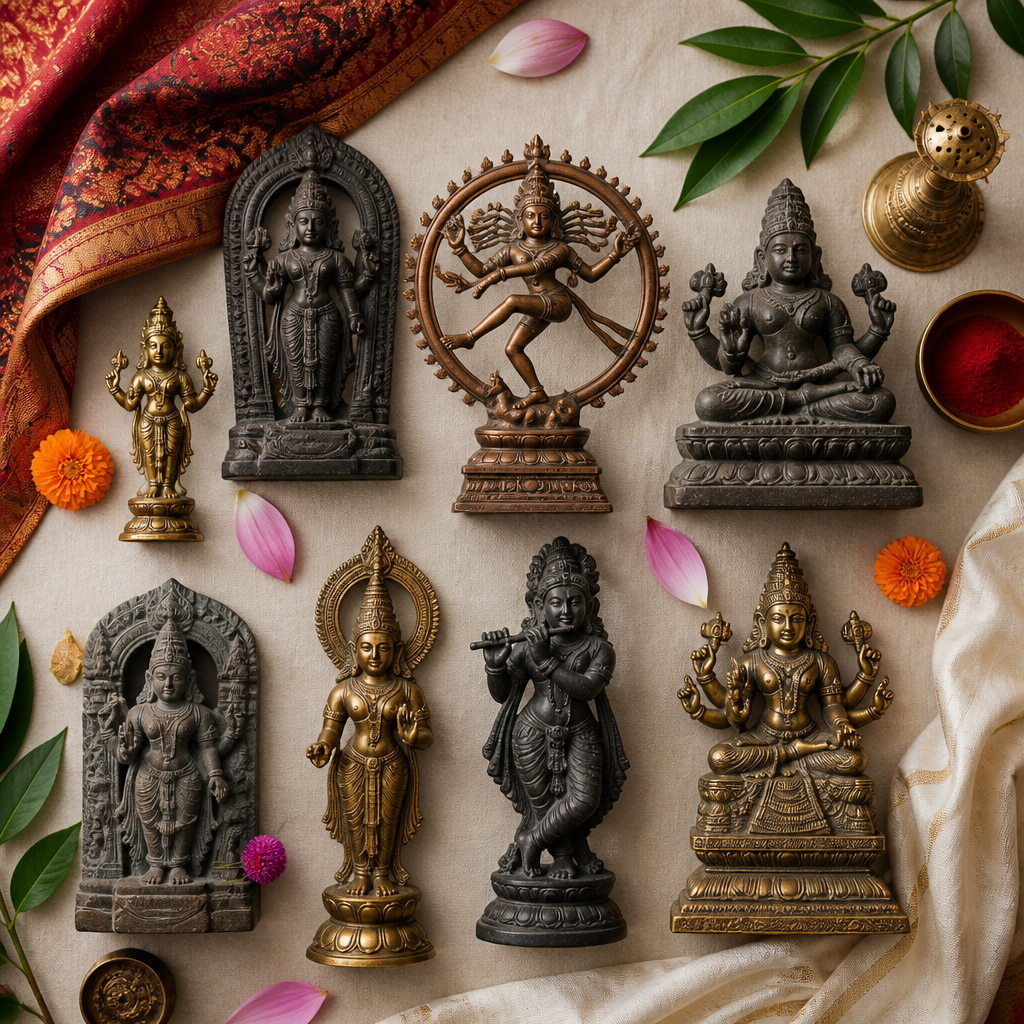 Collection of Hindu deity statues in various regional styles and materials arranged as flat lay