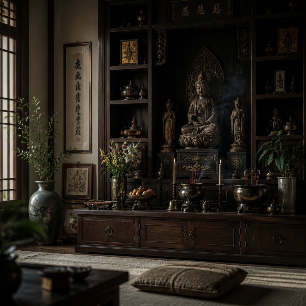 Home altar with Hindu sculptures, flowers, and devotional items in natural lighting