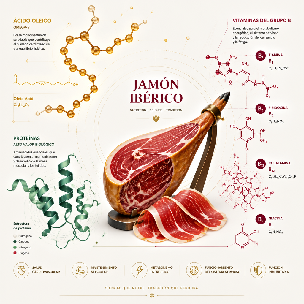 Abstract scientific visualization of nutrients and compounds found in jamón ibérico de bellota