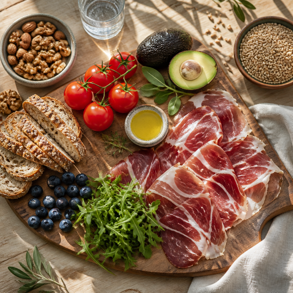 Mediterranean diet composition featuring jamón ibérico de bellota with healthy foods on wooden board