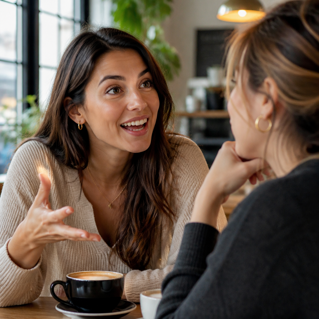 Two women having an engaged conversation over coffee, one sharing enthusiastically with the other