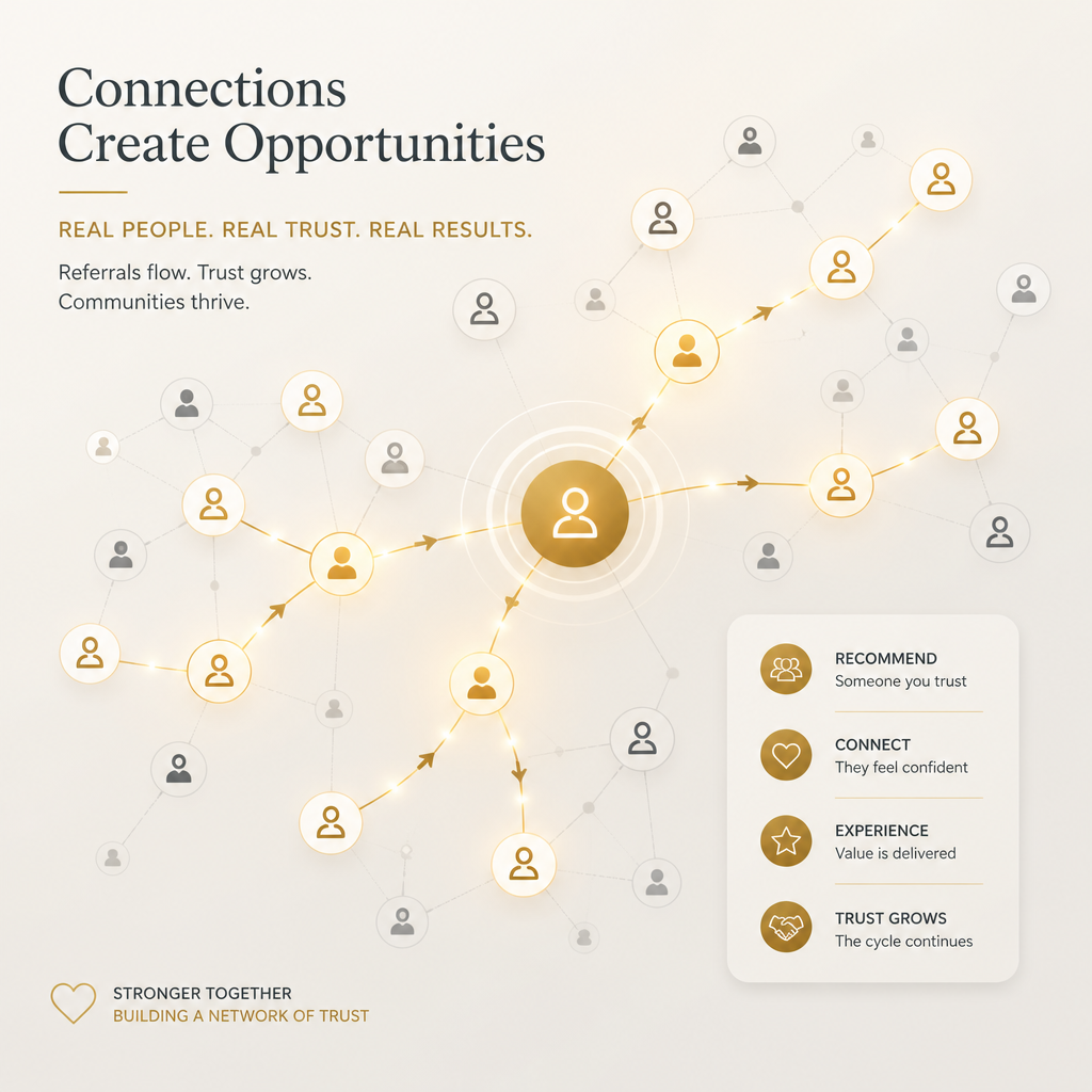 Abstract network visualization with interconnected nodes symbolizing word-of-mouth referrals and trust connections