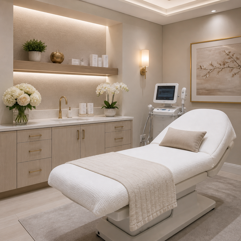 Contemporary medical spa treatment room with calming ambiance, soft lighting, and modern professional design