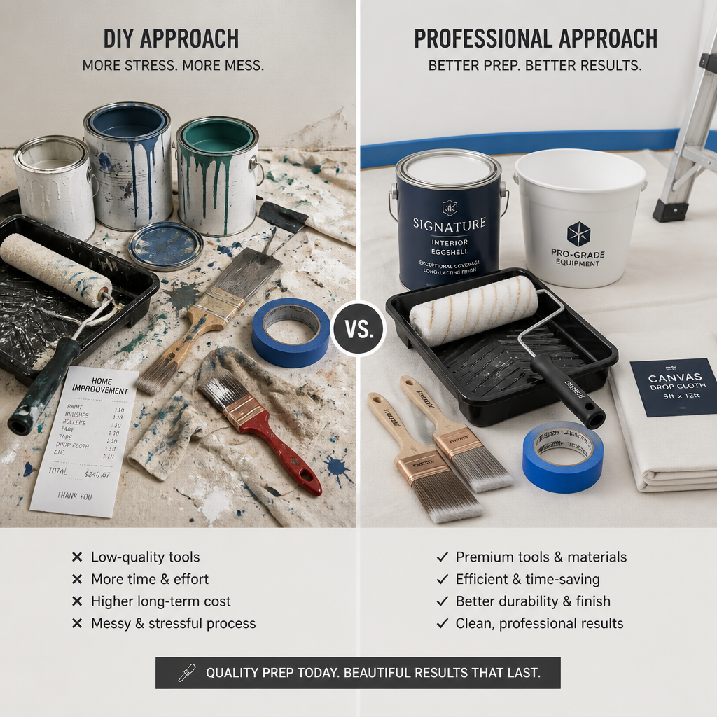 Side-by-side comparison of DIY versus professional painting setup and organization