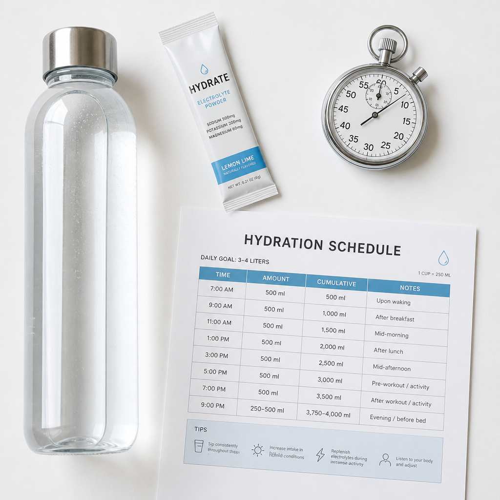 Hydration essentials including water bottle, electrolytes, timer, and schedule chart displayed on white background