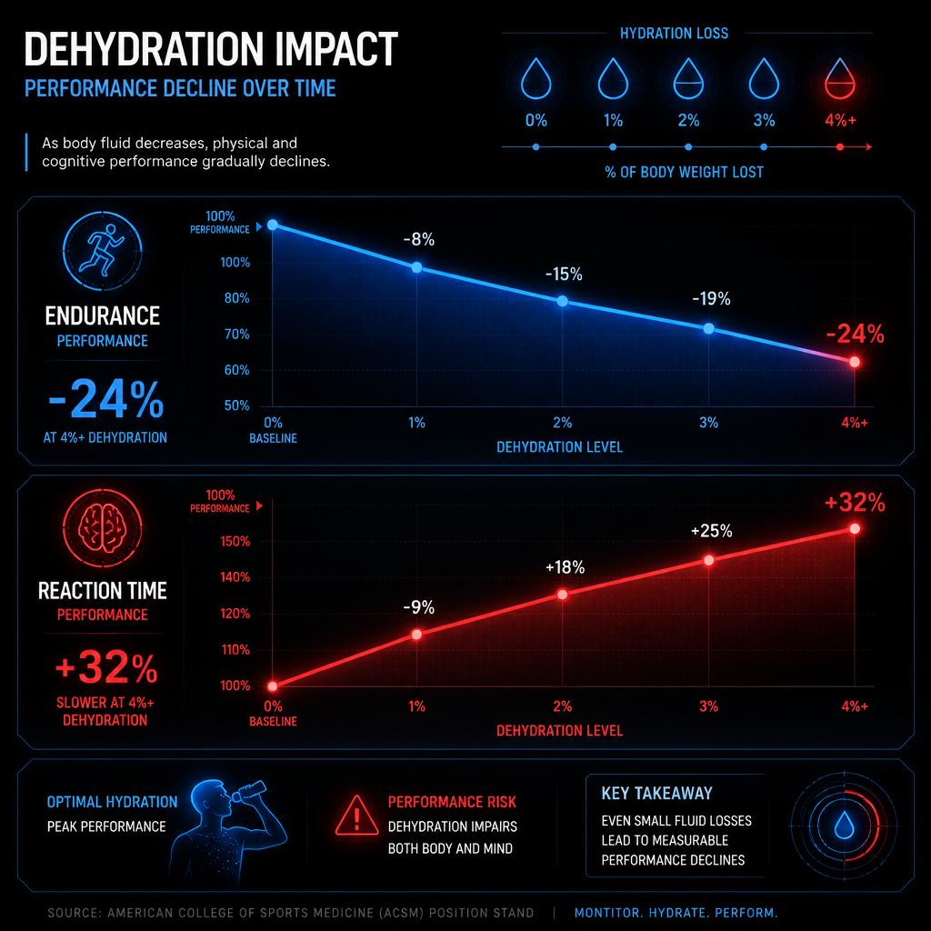 Performance decline data visualization showing dehydration effects on endurance and reaction time metrics