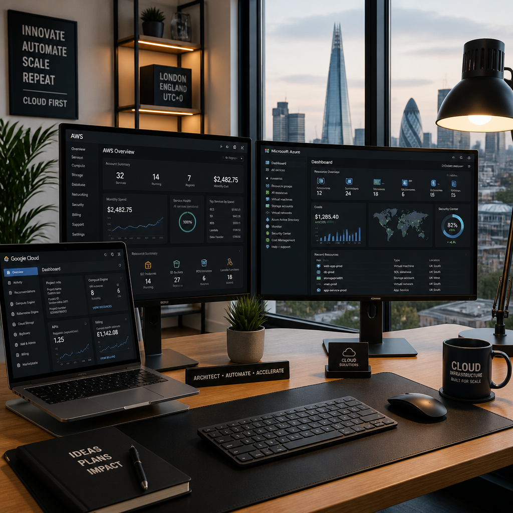 Modern office workspace with multiple monitors displaying cloud management interfaces