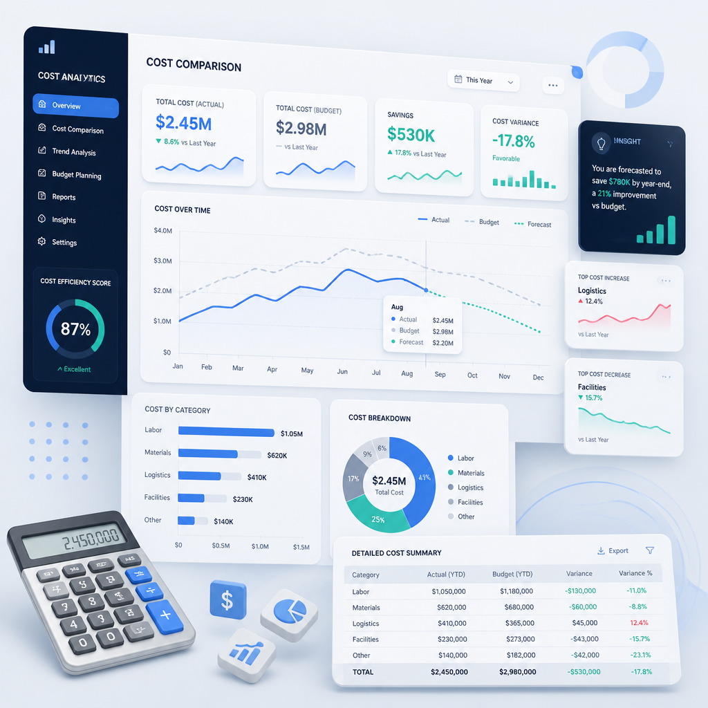 Abstract cost comparison visualization with financial metrics and analytics charts