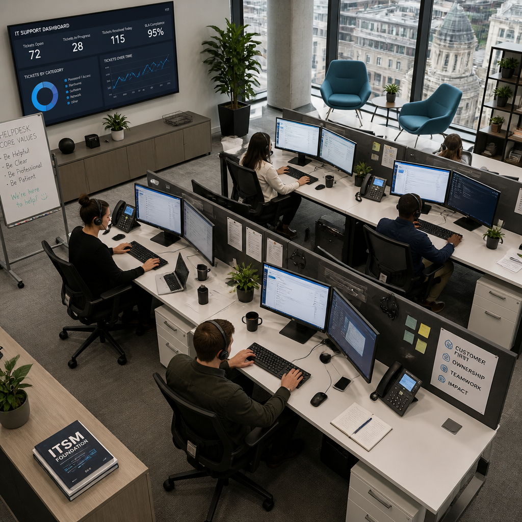 Professional IT helpdesk workspace with multiple workstations and collaborative environment