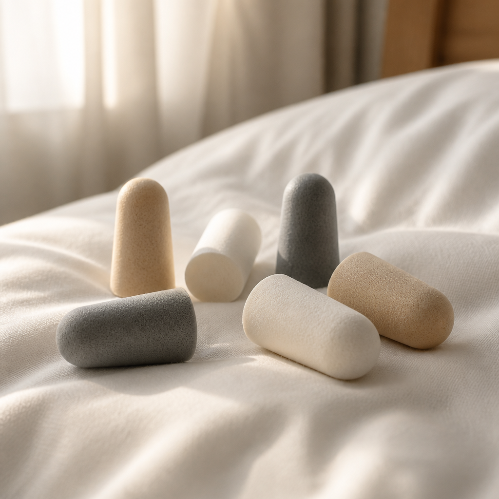 Close-up of foam earplugs arranged on a bed pillow with morning light