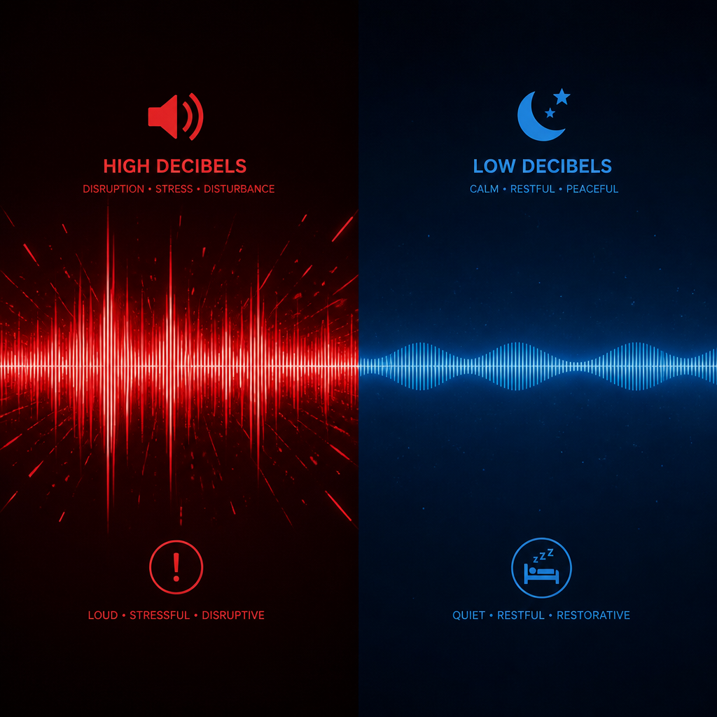 Abstract sound wave visualization comparing noise disruption and quiet sleep