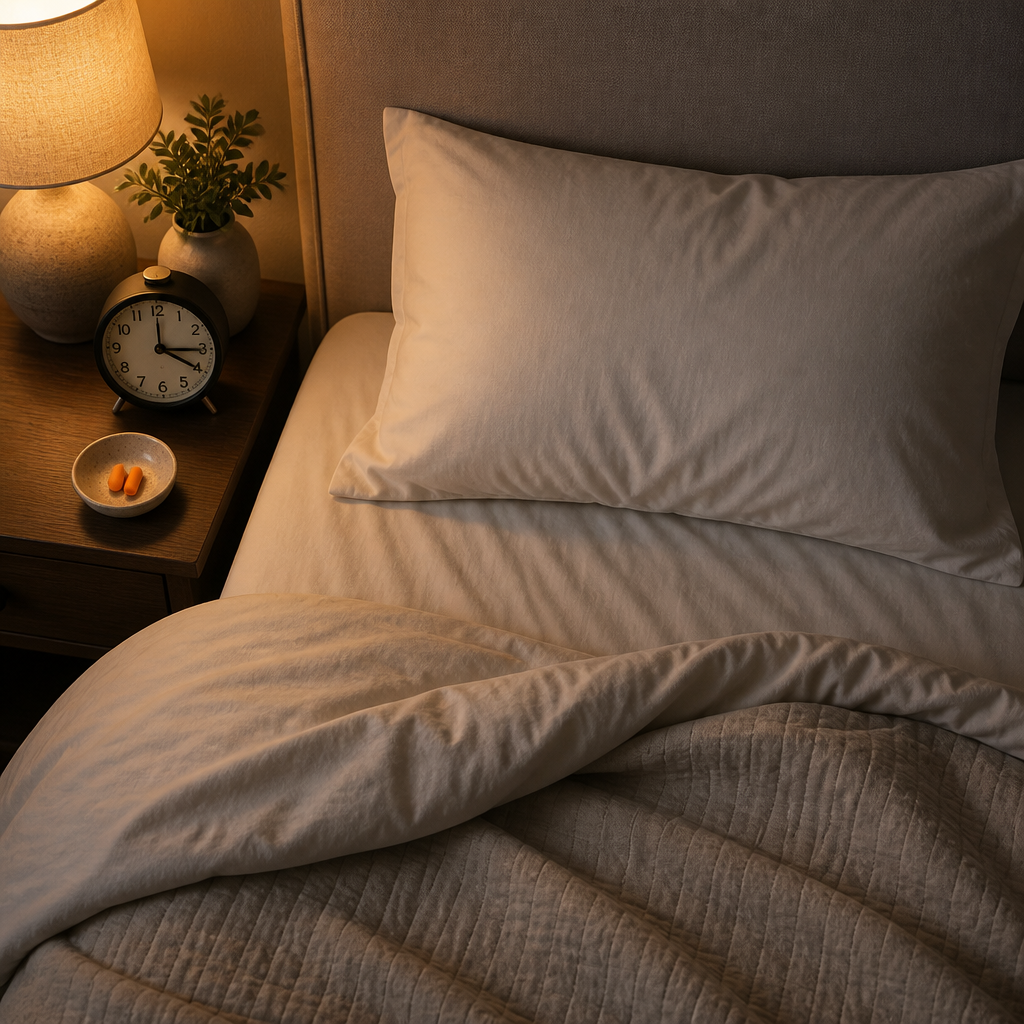 Peaceful bedroom nightstand scene with earplugs and bedding in soft lighting