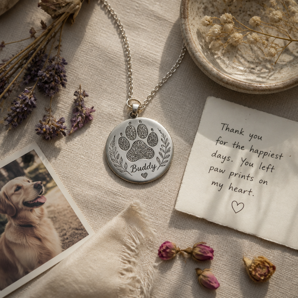 Flat-lay of engraved pet memorial pendant with flowers and handwritten note on linen