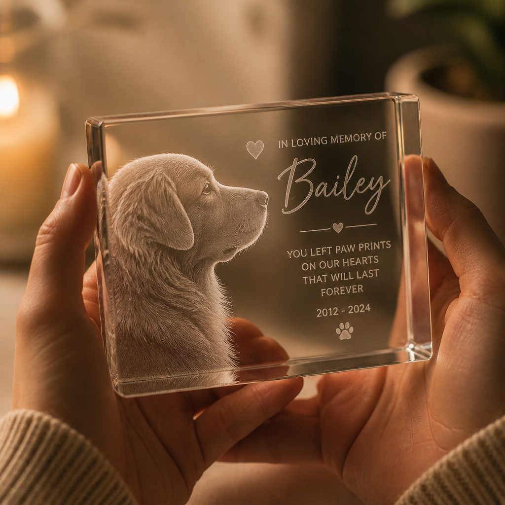 Hands holding a custom engraved acrylic pet memorial keepsake block
