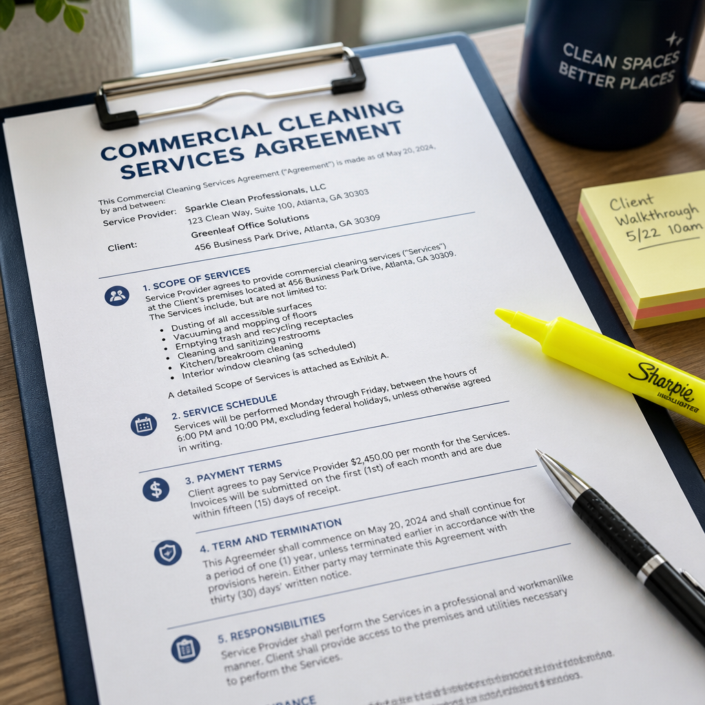 A detailed cleaning contract document with pen and highlighter on a desk