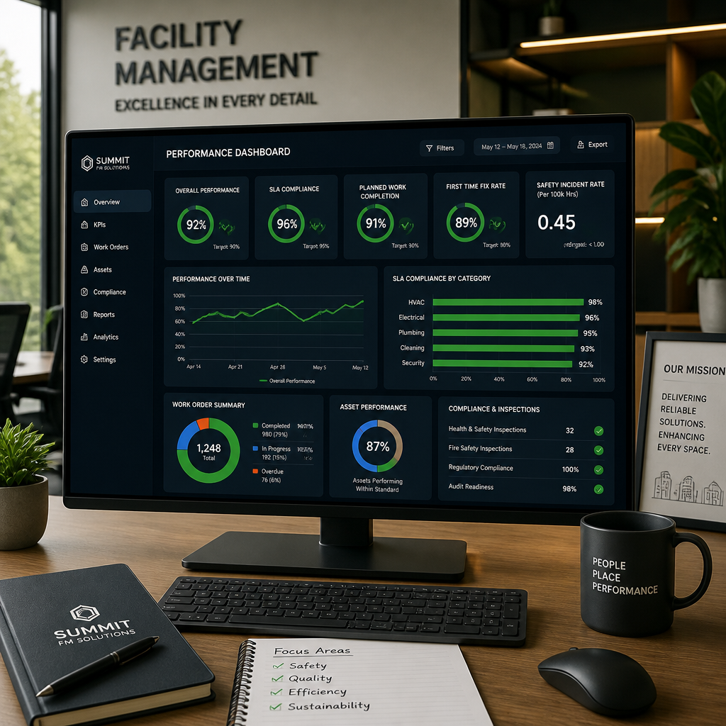 Performance metrics and KPIs displayed on a computer screen in an office