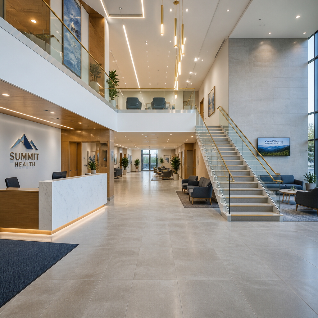 Modern commercial facility interior showing clean high-touch surfaces and professional spaces