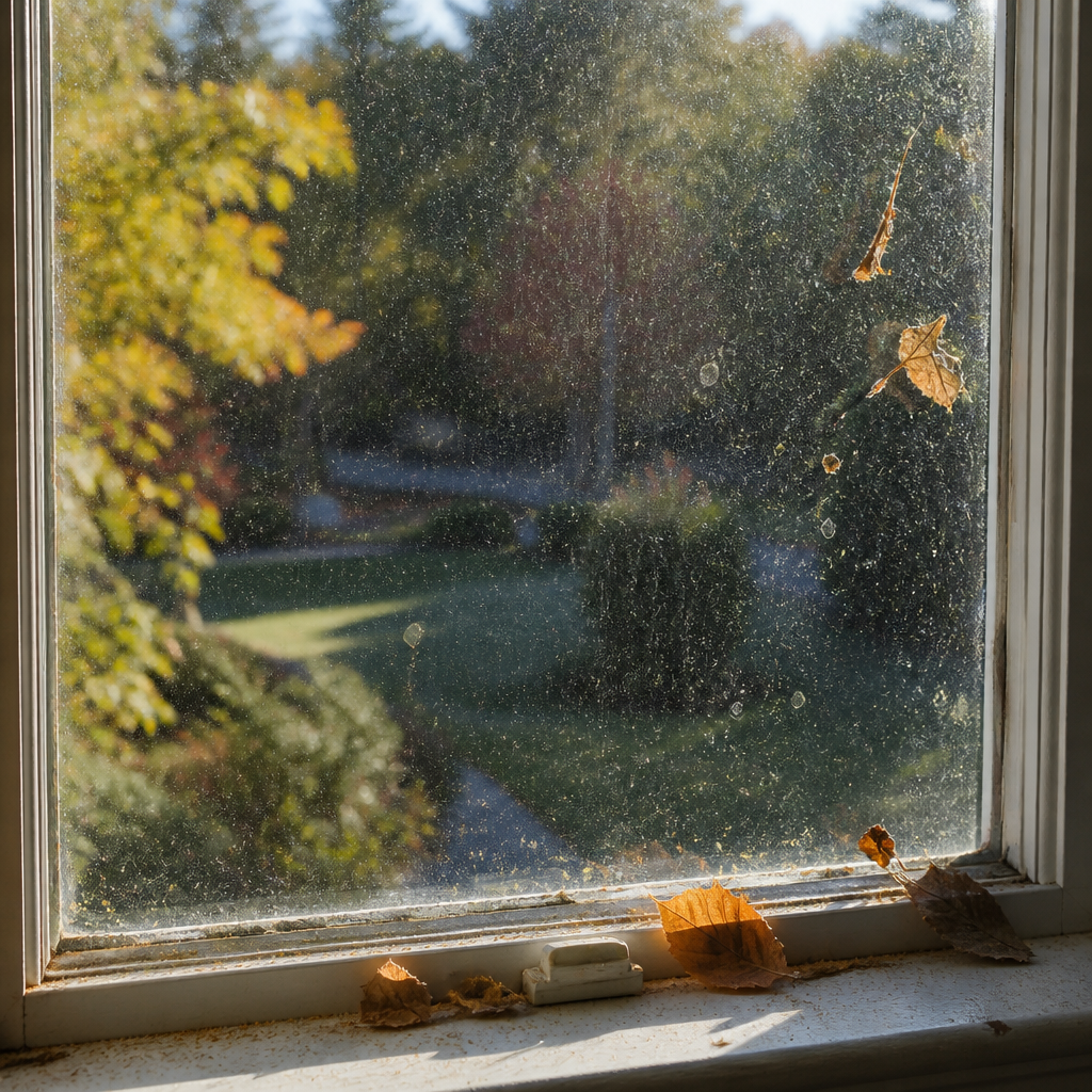 Close-up of a fall-season window showing accumulated pollen, debris, and water spots from summer and early autumn.